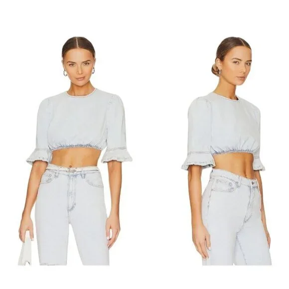 WeWoreWhat Cropped Denim Top Flare Cuffs & Elastic Waist Super Light Indigo L - Picture 1 of 3
